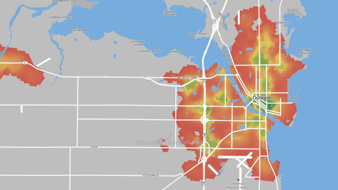 Walk Grade map of 54904, WI, walkable areas in green and car-dependent areas in red