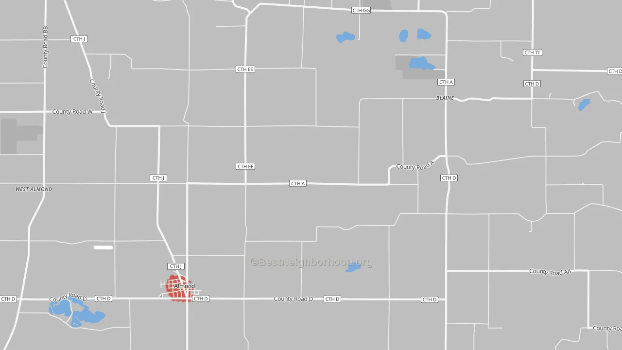 Walk Grade map of 54909, WI, walkable areas in green and car-dependent areas in red