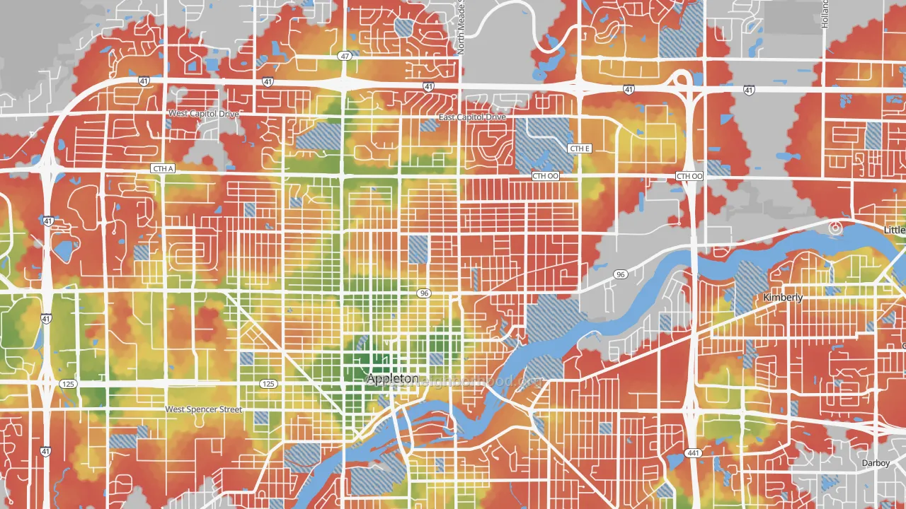 Walk Grade map of 54911, WI, walkable areas in green and car-dependent areas in red