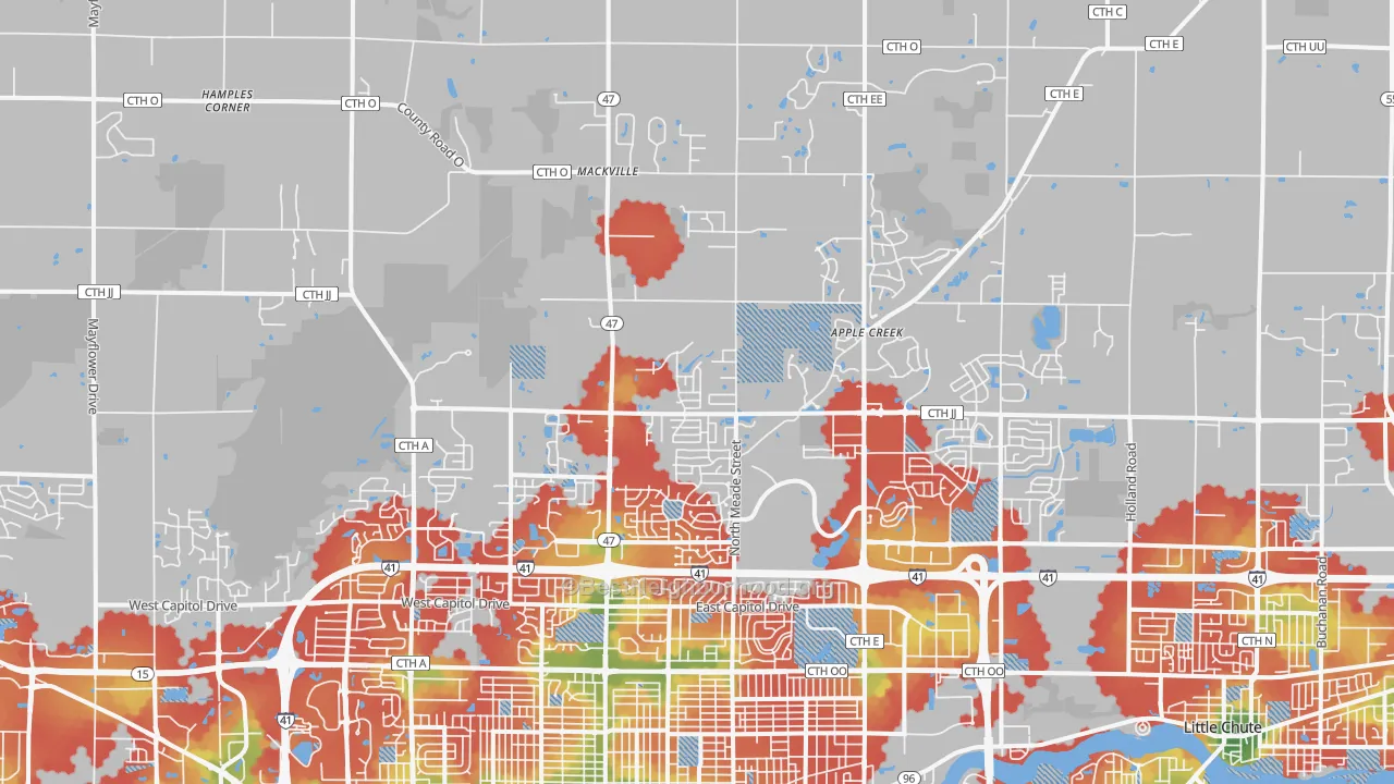 Walk Grade map of 54913, WI, walkable areas in green and car-dependent areas in red