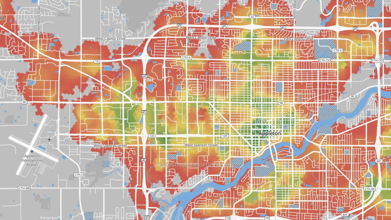 Walk Grade map of 54914, WI, walkable areas in green and car-dependent areas in red