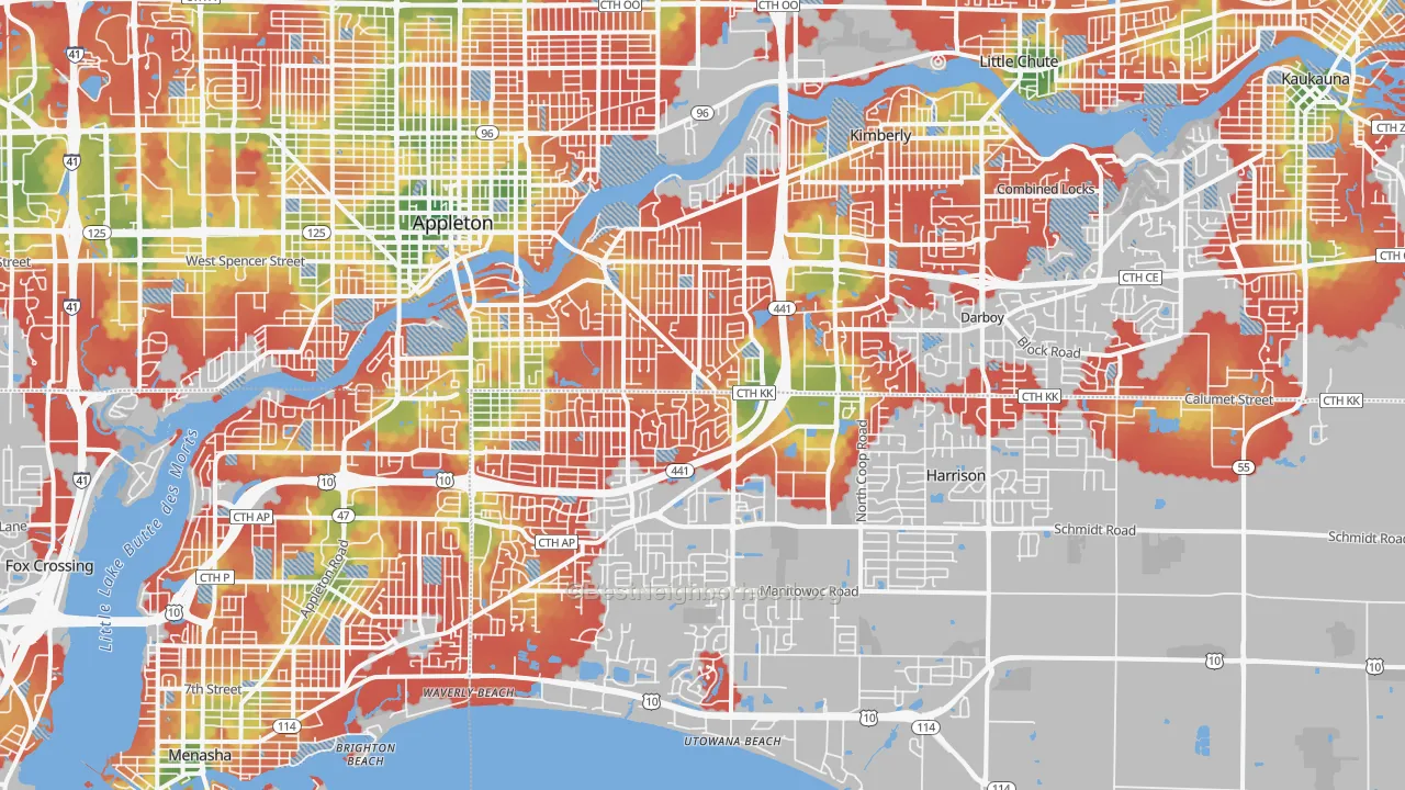 Walk Grade map of 54915, WI, walkable areas in green and car-dependent areas in red