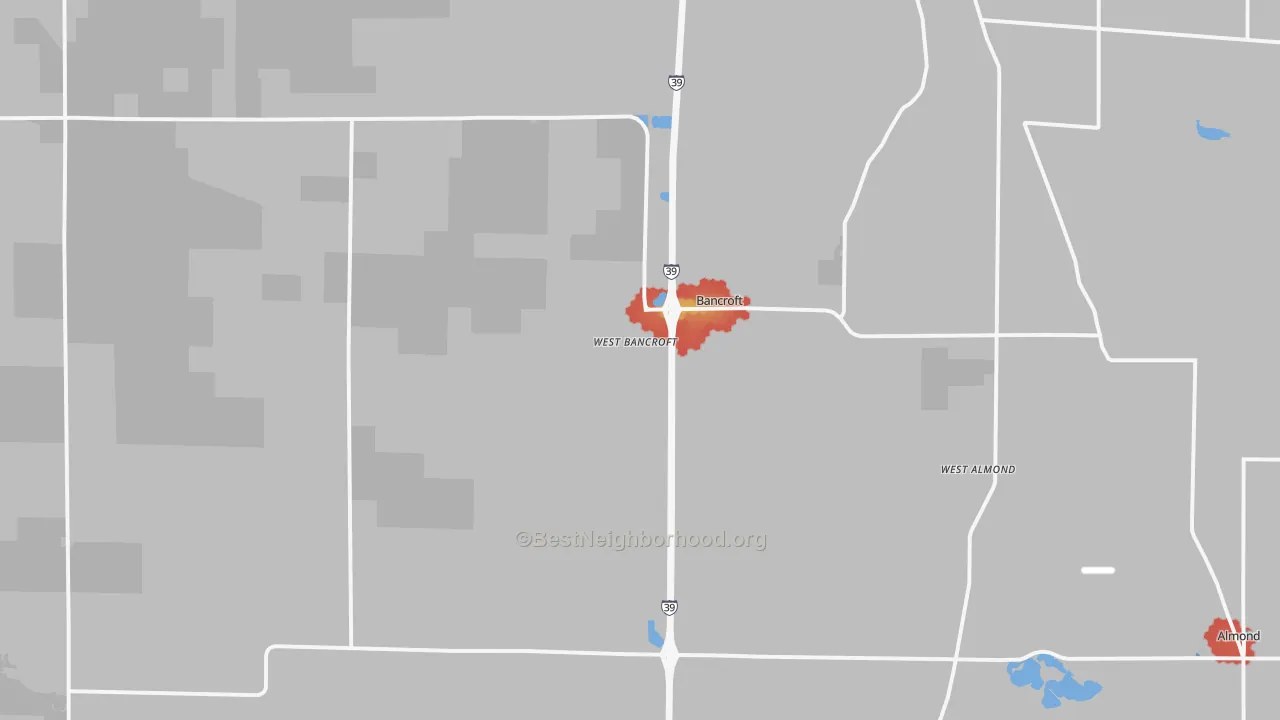 Walk Grade map of 54921, WI, walkable areas in green and car-dependent areas in red
