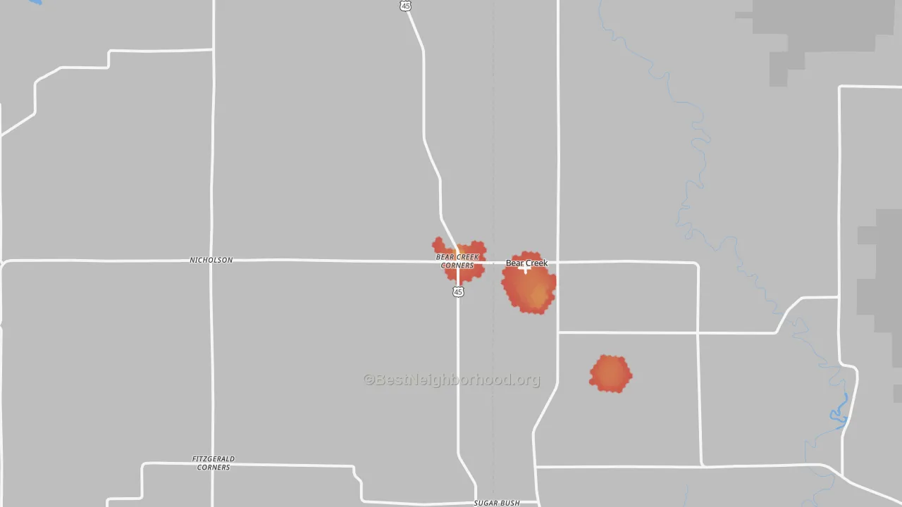 Walk Grade map of 54922, WI, walkable areas in green and car-dependent areas in red