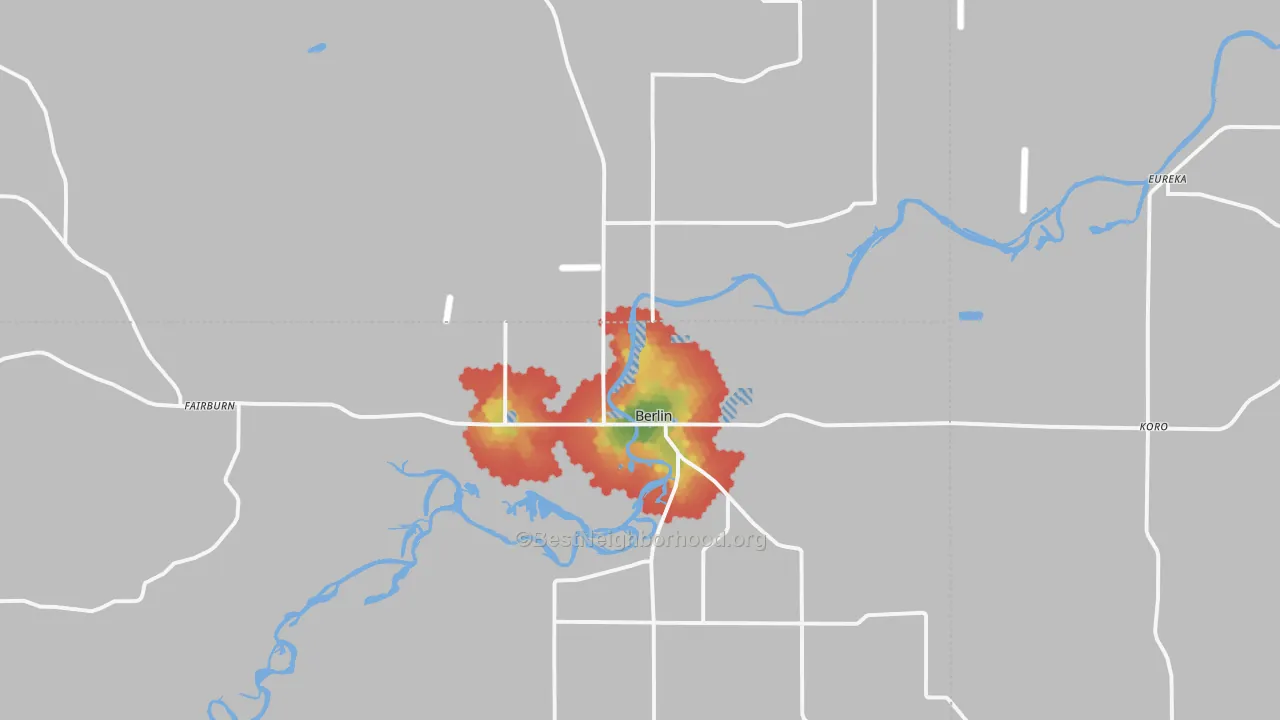 Walk Grade map of 54923, WI, walkable areas in green and car-dependent areas in red