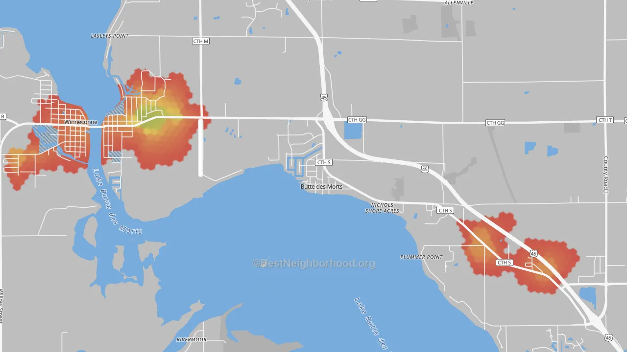 Walk Grade map of 54927, WI, walkable areas in green and car-dependent areas in red