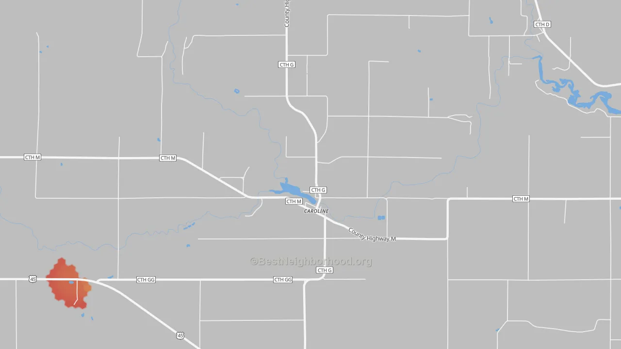 Walk Grade map of 54928, WI, walkable areas in green and car-dependent areas in red