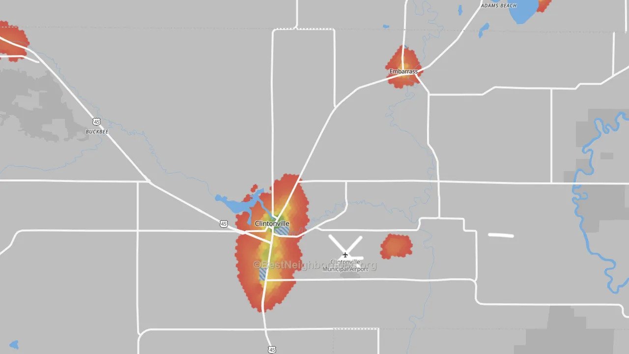 Walk Grade map of 54929, WI, walkable areas in green and car-dependent areas in red