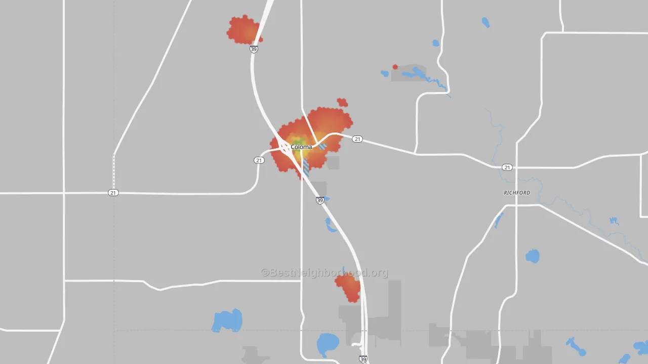 Walk Grade map of 54930, WI, walkable areas in green and car-dependent areas in red
