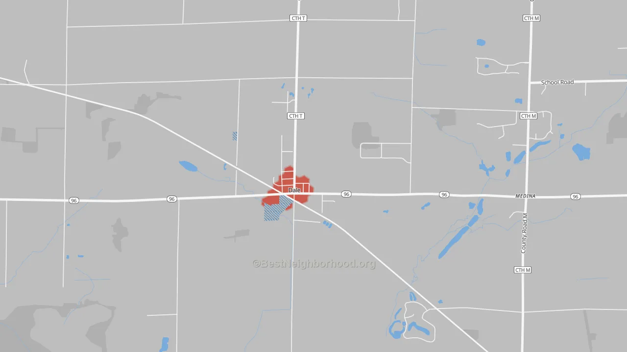 Walk Grade map of 54931, WI, walkable areas in green and car-dependent areas in red