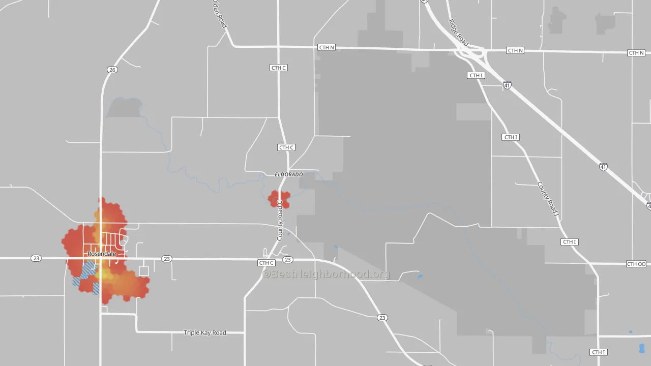 Walk Grade map of 54932, WI, walkable areas in green and car-dependent areas in red