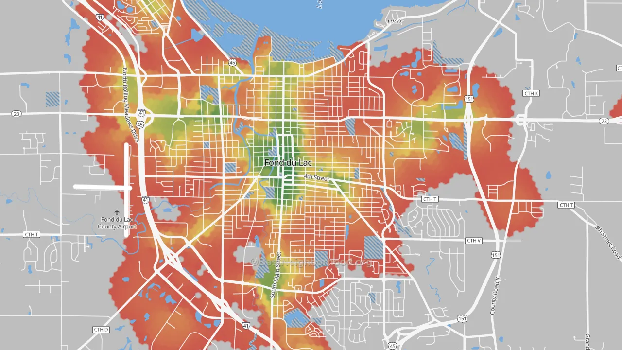 Walk Grade map of 54935, WI, walkable areas in green and car-dependent areas in red