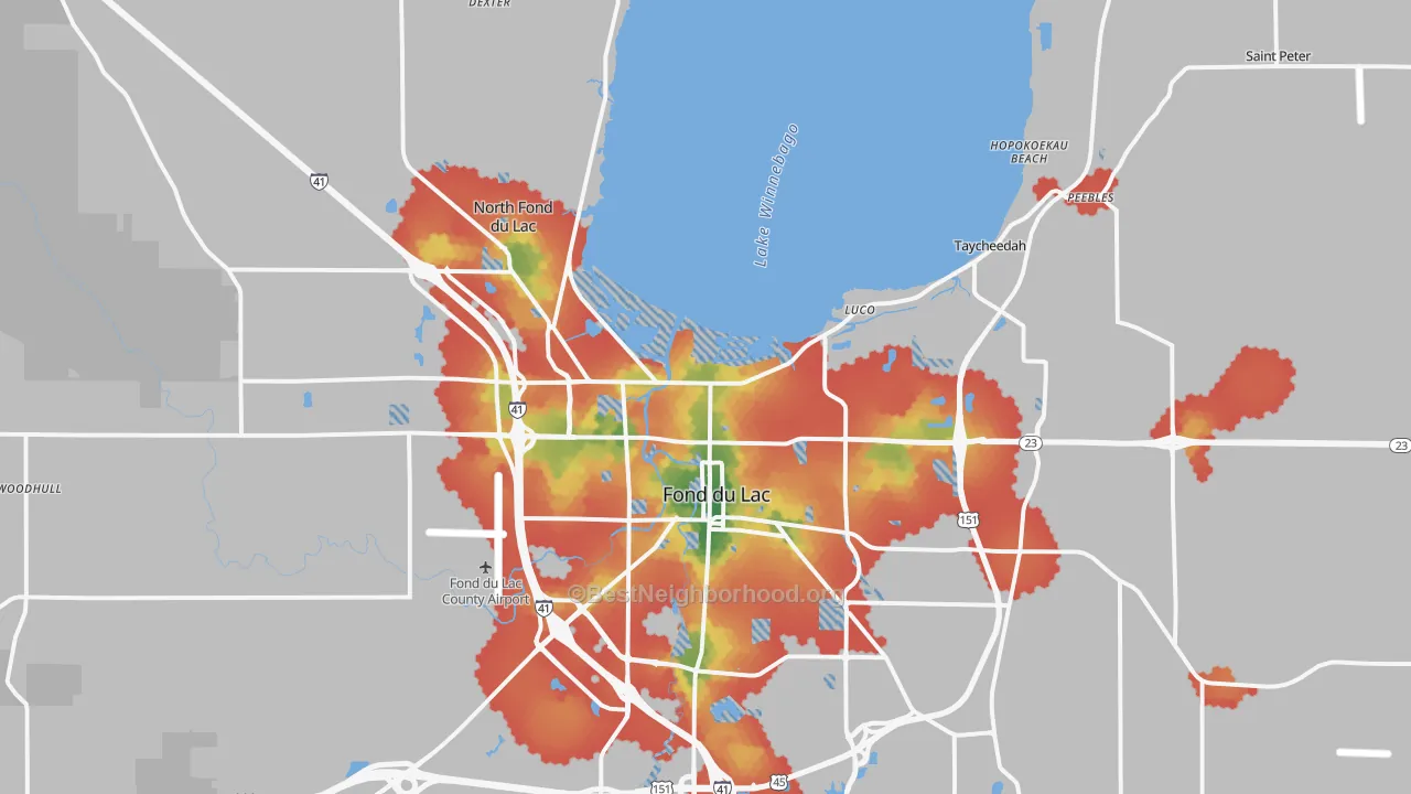 Walk Grade map of 54937, WI, walkable areas in green and car-dependent areas in red