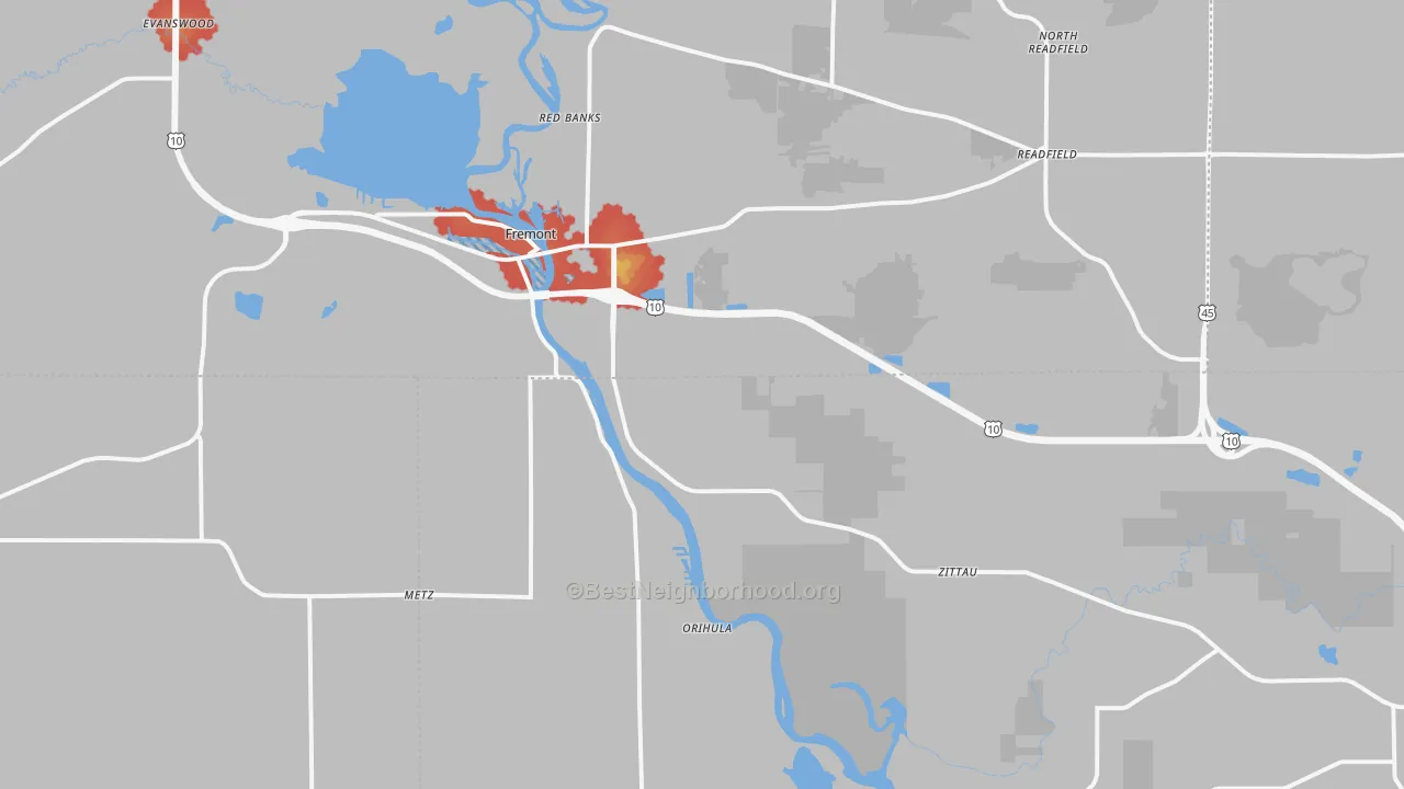 Walk Grade map of 54940, WI, walkable areas in green and car-dependent areas in red
