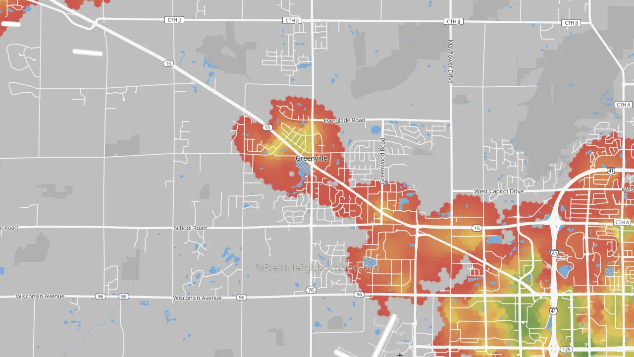 Walk Grade map of 54942, WI, walkable areas in green and car-dependent areas in red