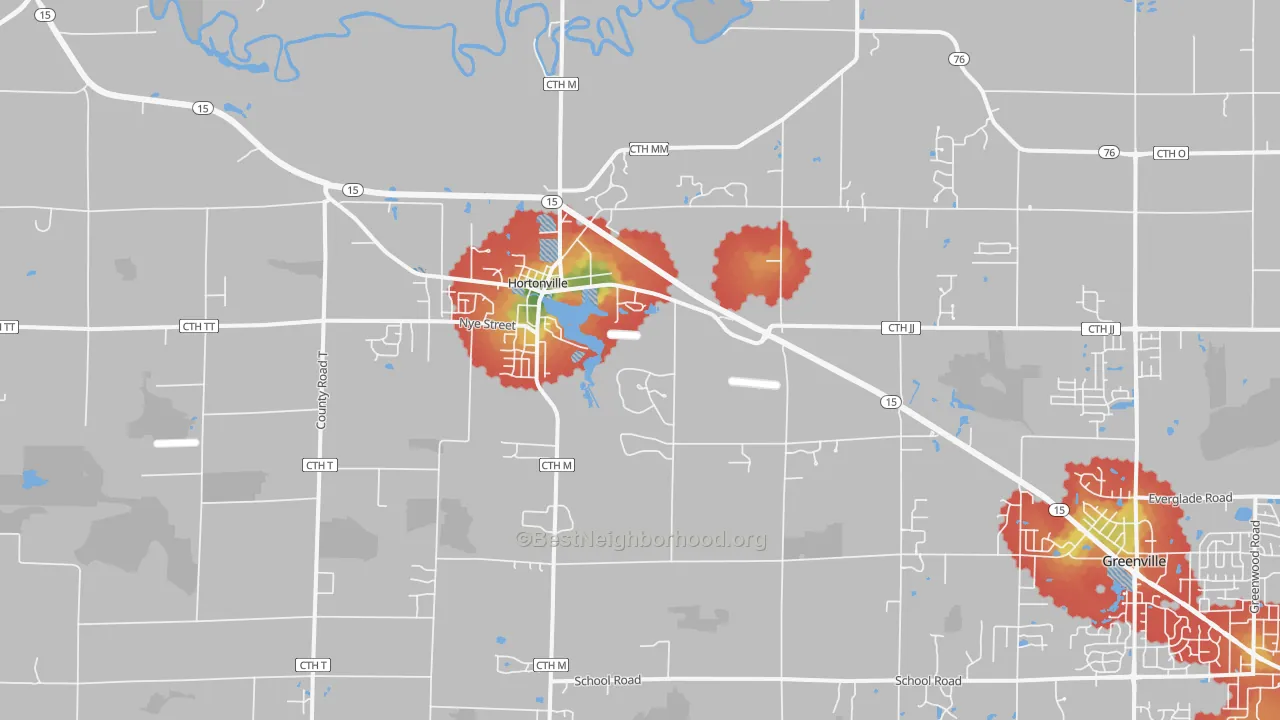 Walk Grade map of 54944, WI, walkable areas in green and car-dependent areas in red