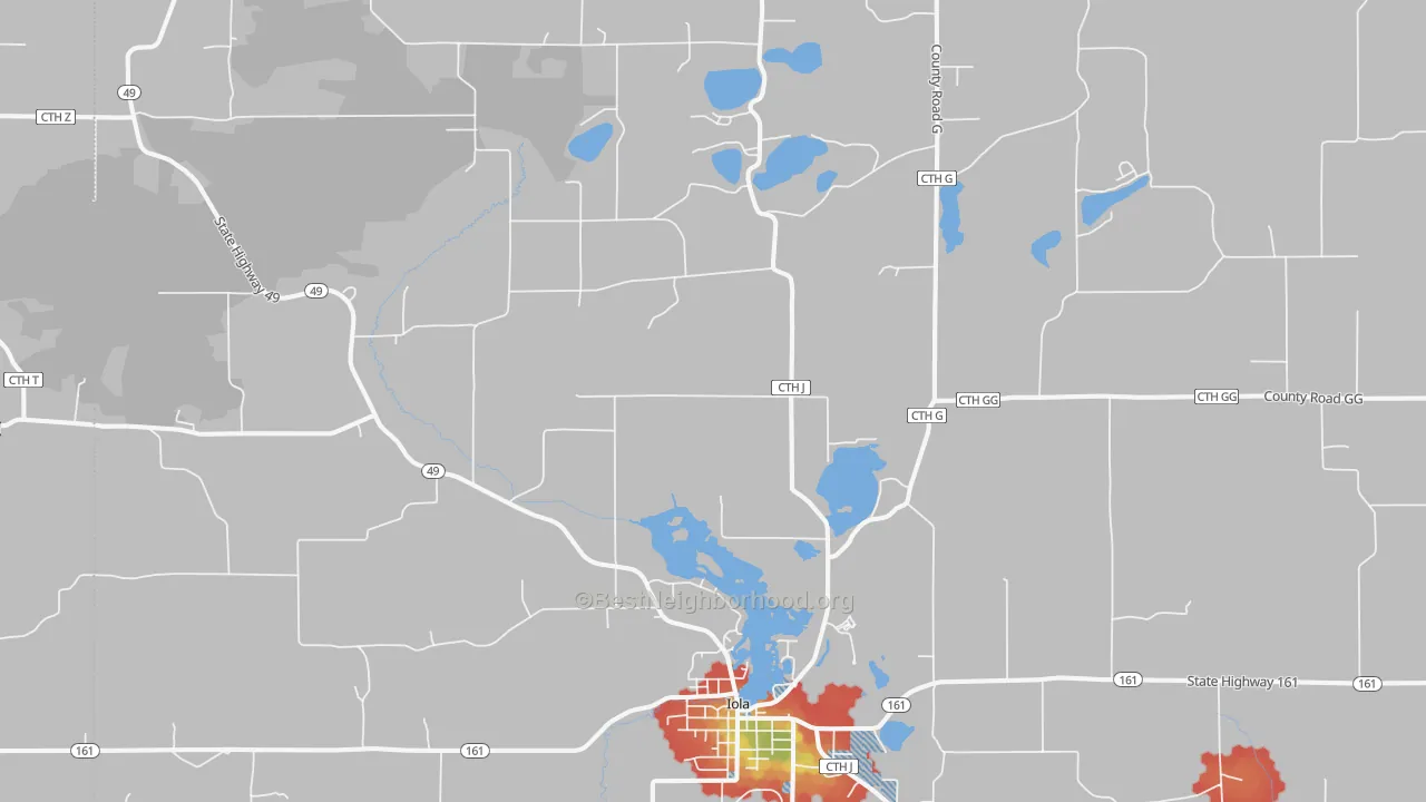 Walk Grade map of 54945, WI, walkable areas in green and car-dependent areas in red