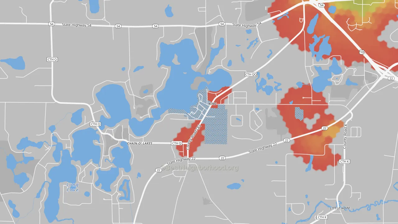 Walk Grade map of 54946, WI, walkable areas in green and car-dependent areas in red