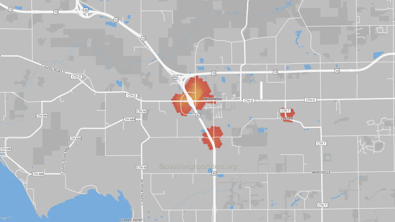 Walk Grade map of 54947, WI, walkable areas in green and car-dependent areas in red