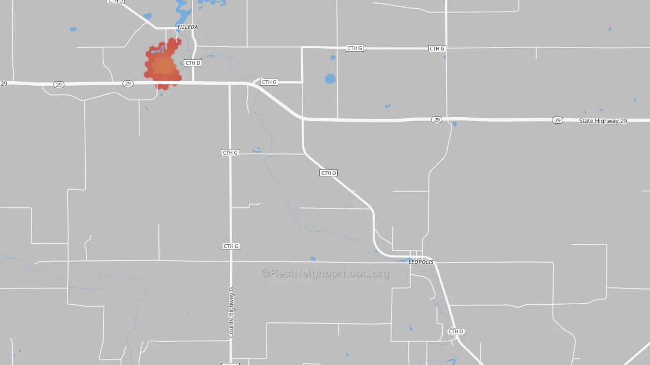 Walk Grade map of 54948, WI, walkable areas in green and car-dependent areas in red