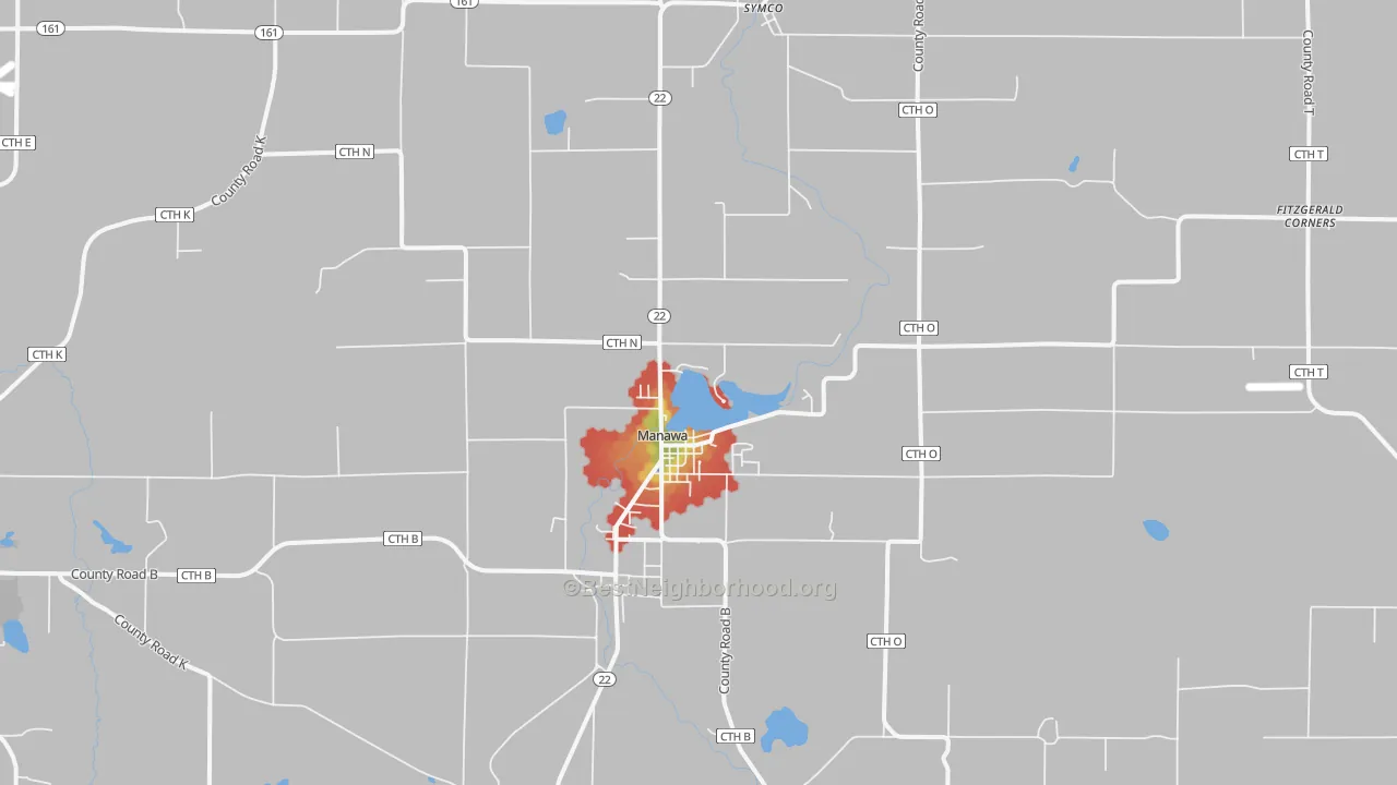 Walk Grade map of 54949, WI, walkable areas in green and car-dependent areas in red