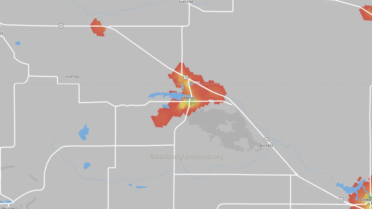 Walk Grade map of 54950, WI, walkable areas in green and car-dependent areas in red