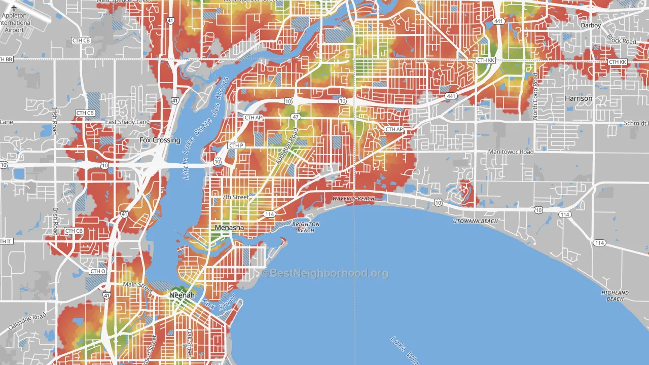Walk Grade map of 54952, WI, walkable areas in green and car-dependent areas in red