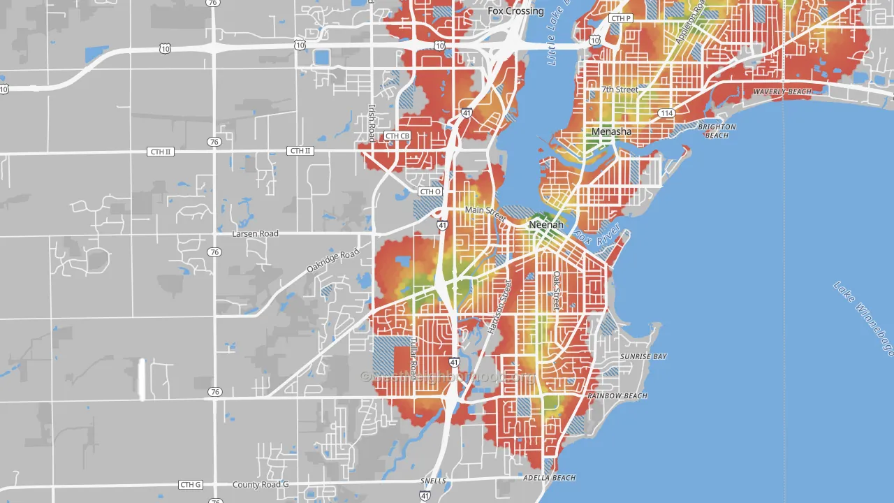 Walk Grade map of 54956, WI, walkable areas in green and car-dependent areas in red