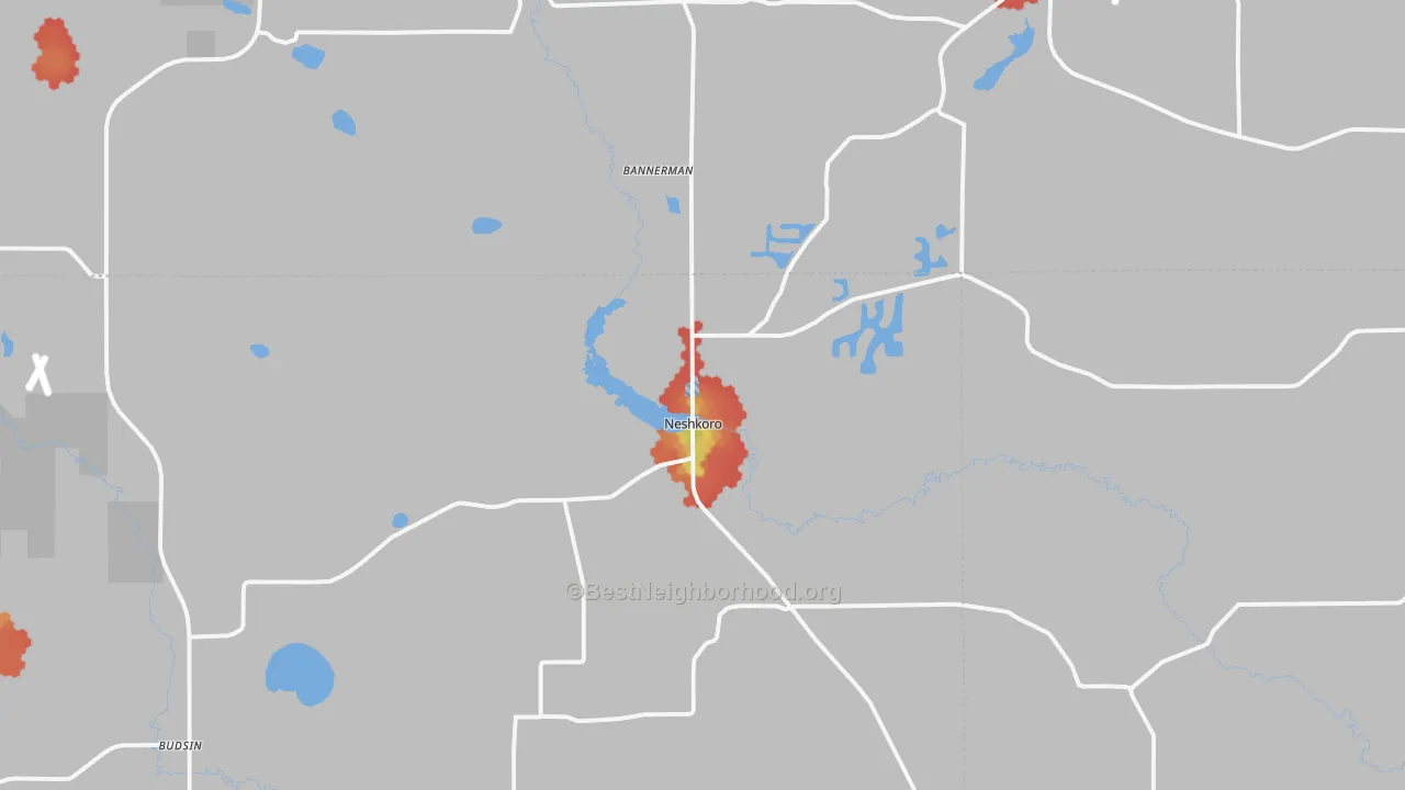Walk Grade map of 54960, WI, walkable areas in green and car-dependent areas in red