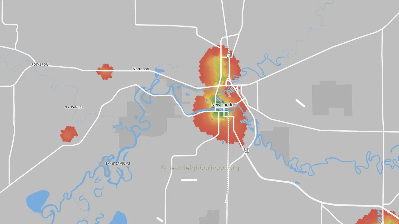 Walk Grade map of 54961, WI, walkable areas in green and car-dependent areas in red