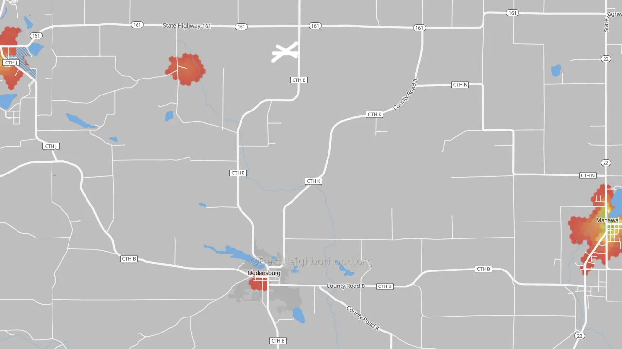 Walk Grade map of 54962, WI, walkable areas in green and car-dependent areas in red