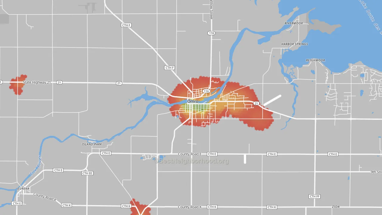 Walk Grade map of 54963, WI, walkable areas in green and car-dependent areas in red