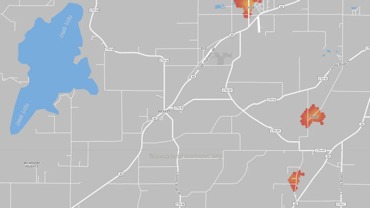 Walk Grade map of 54964, WI, walkable areas in green and car-dependent areas in red