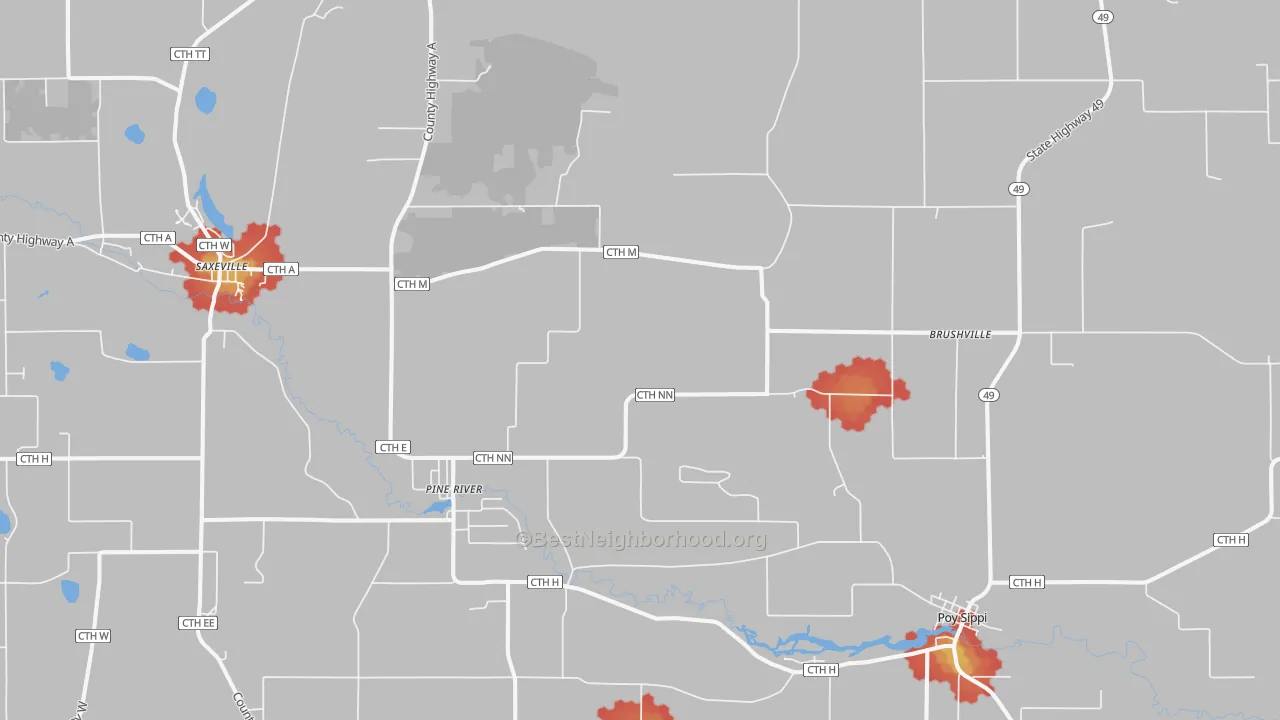 Walk Grade map of 54965, WI, walkable areas in green and car-dependent areas in red