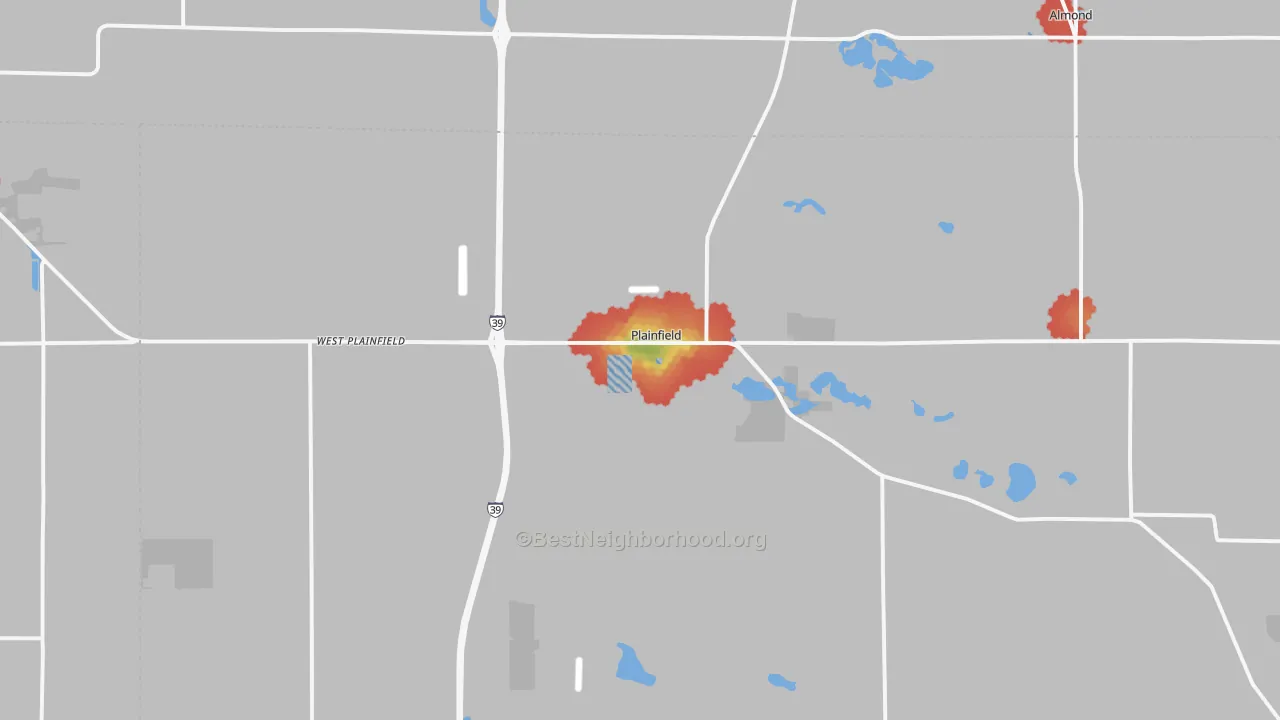 Walk Grade map of 54966, WI, walkable areas in green and car-dependent areas in red