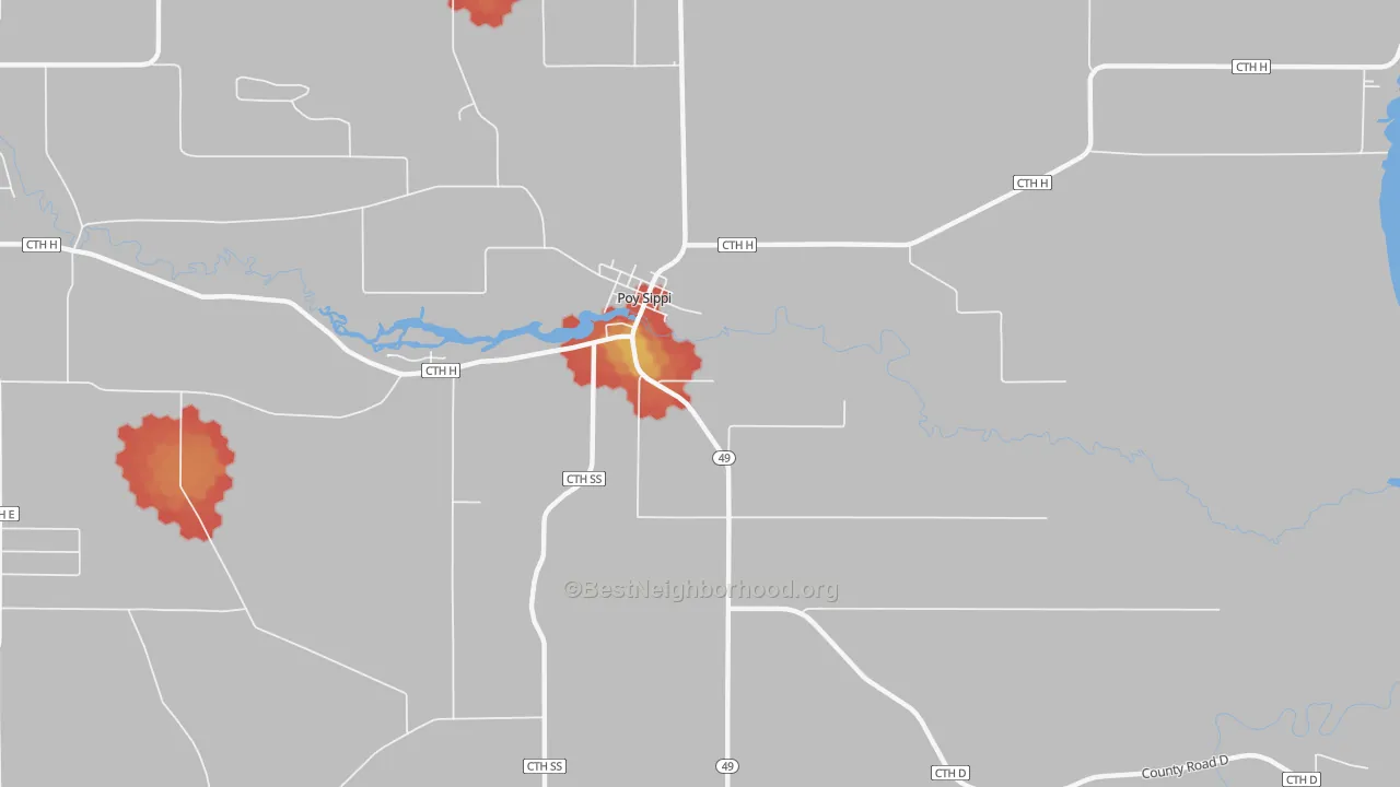 Walk Grade map of 54967, WI, walkable areas in green and car-dependent areas in red