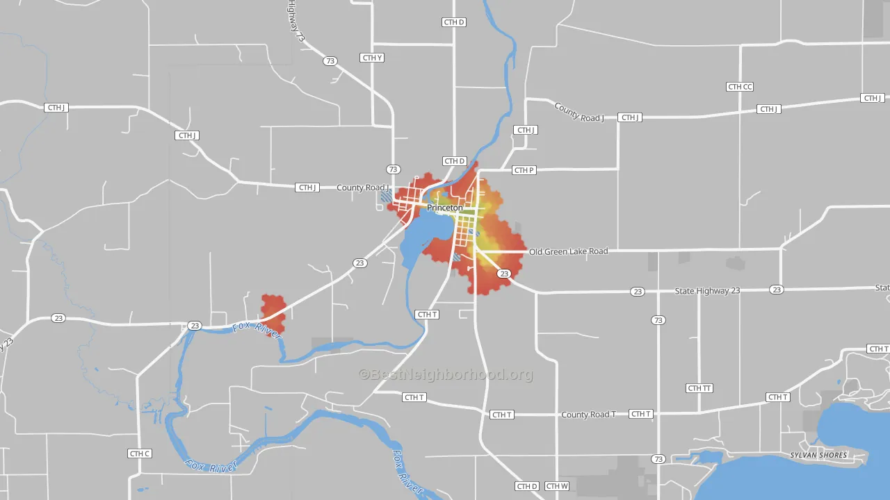 Walk Grade map of 54968, WI, walkable areas in green and car-dependent areas in red