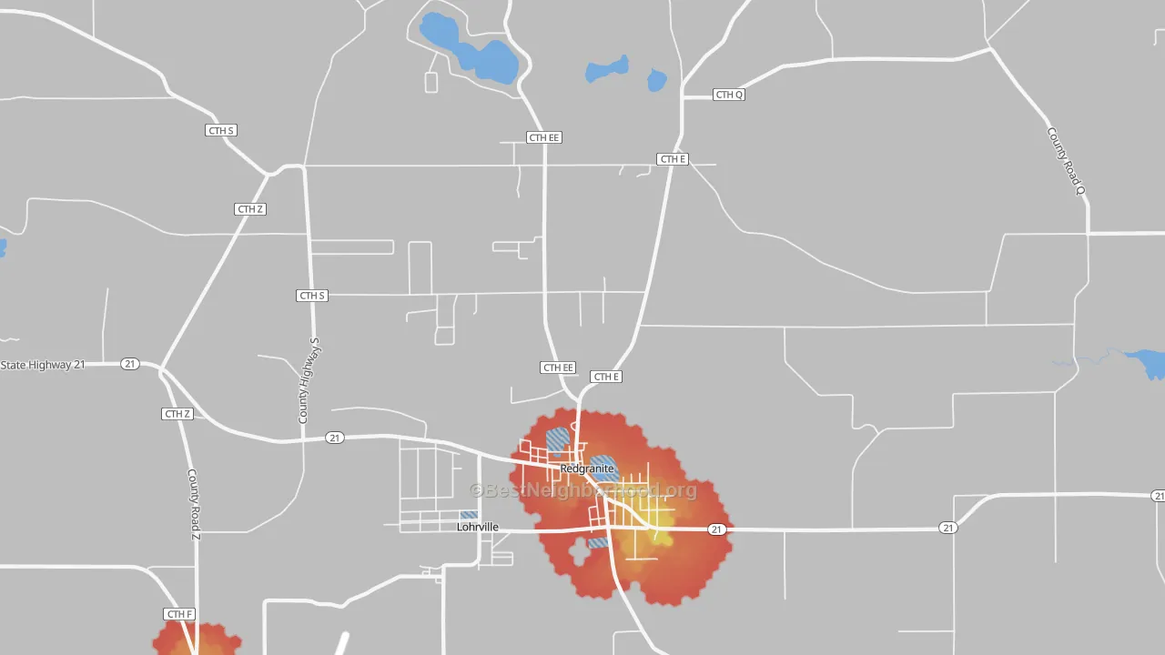 Walk Grade map of 54970, WI, walkable areas in green and car-dependent areas in red