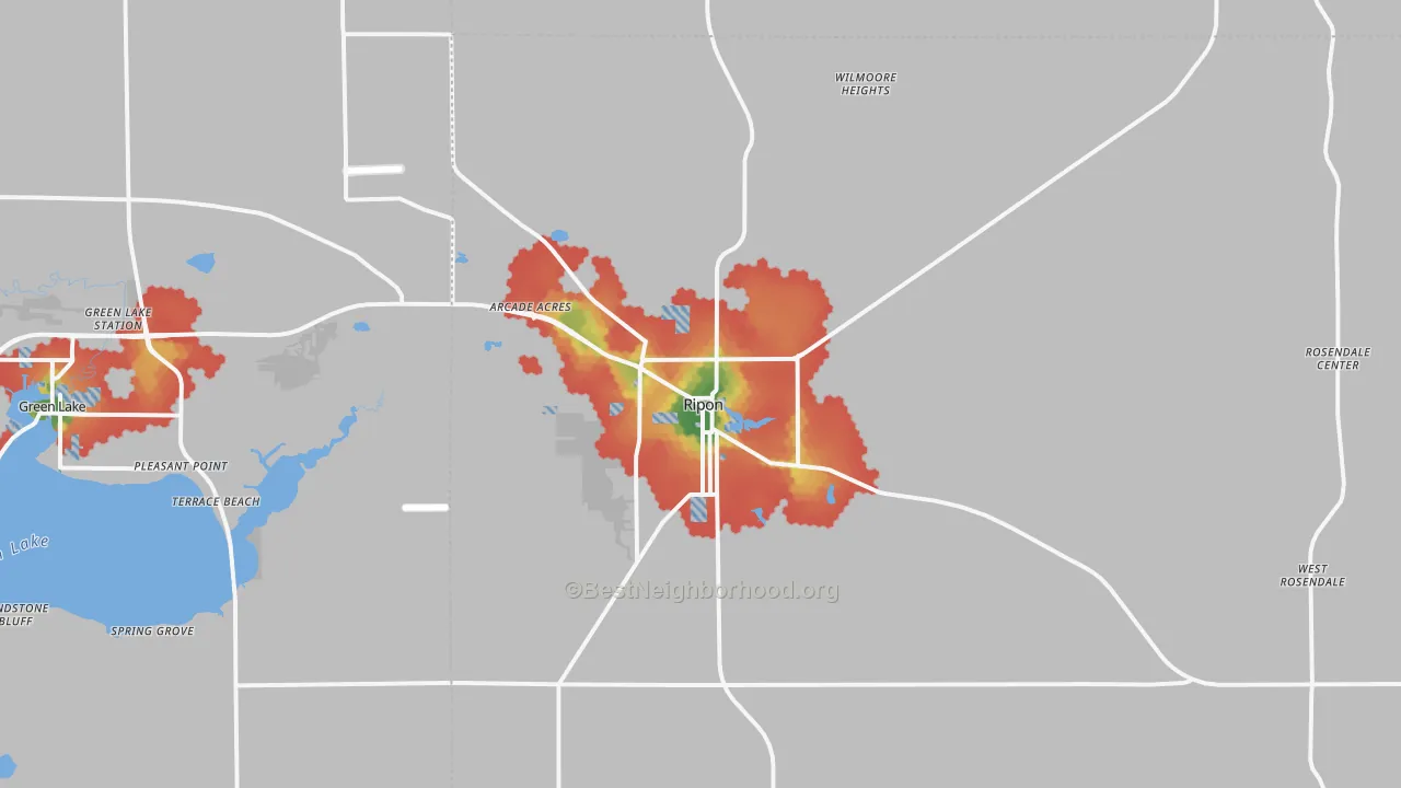 Walk Grade map of 54971, WI, walkable areas in green and car-dependent areas in red