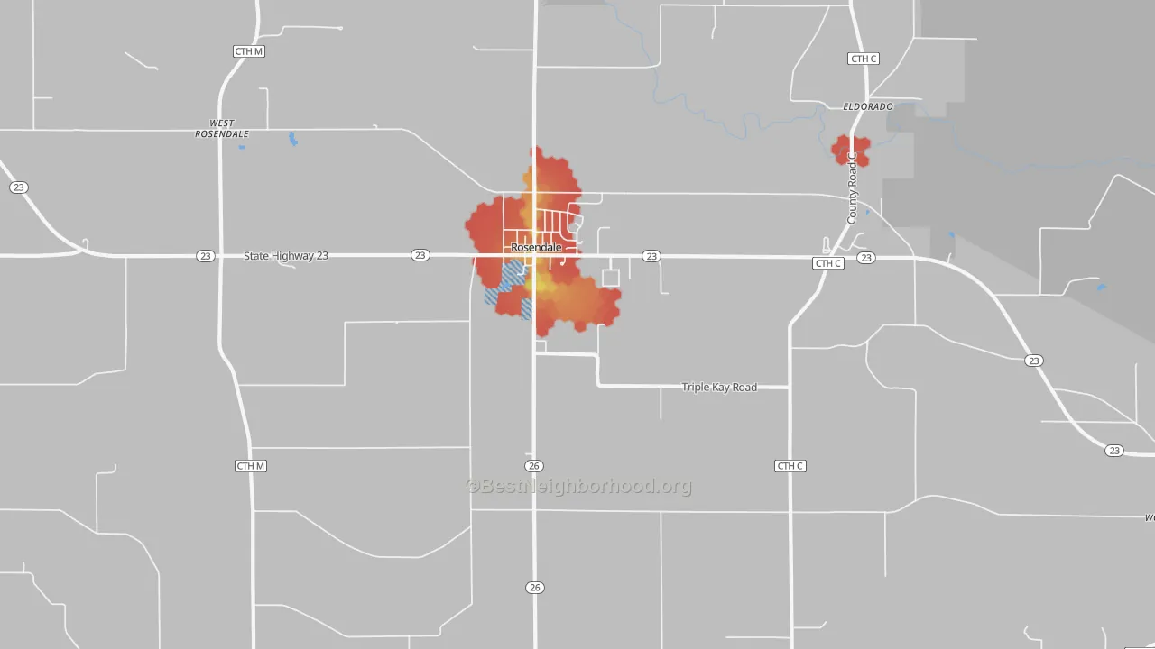 Walk Grade map of 54974, WI, walkable areas in green and car-dependent areas in red