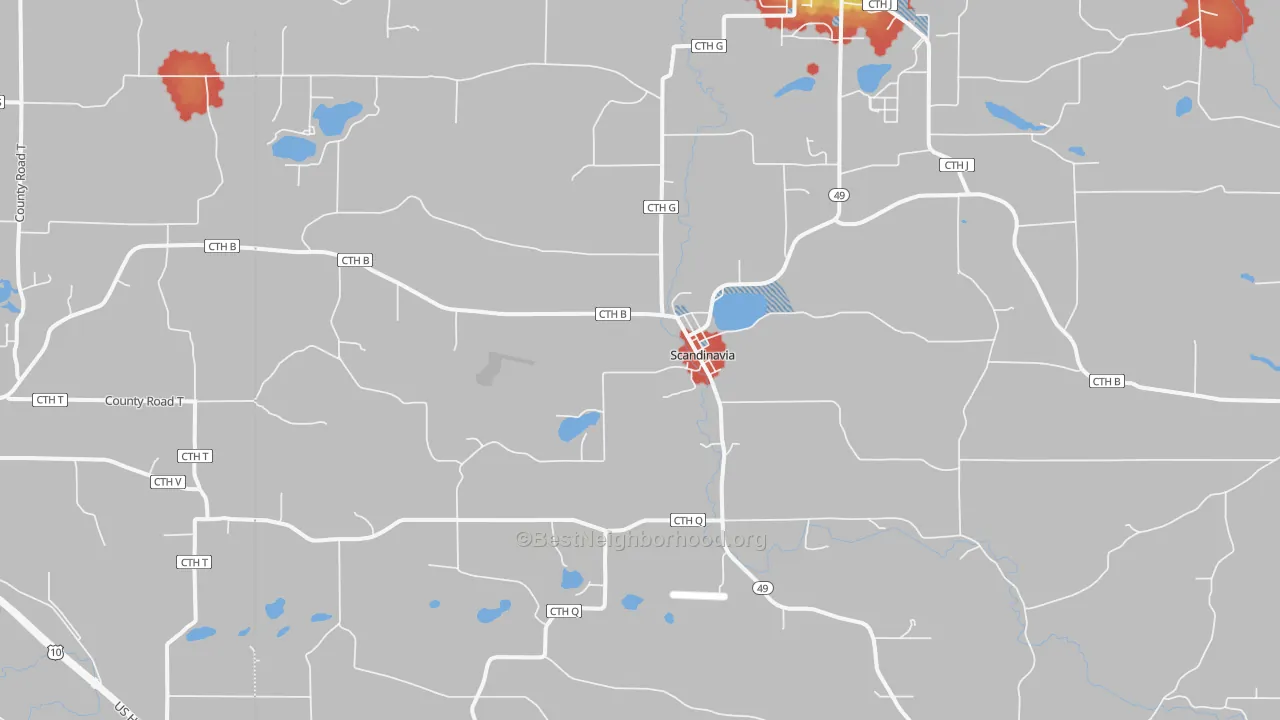 Walk Grade map of 54977, WI, walkable areas in green and car-dependent areas in red