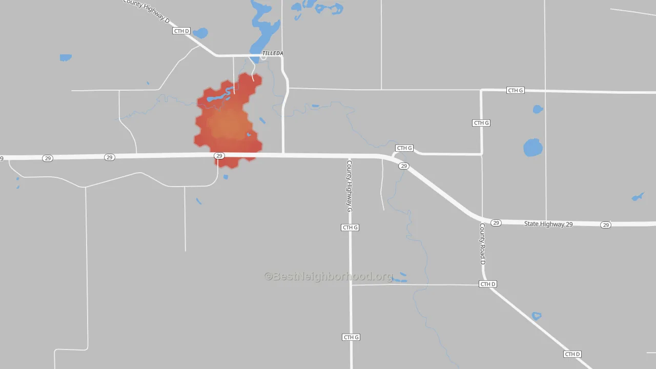 Walk Grade map of 54978, WI, walkable areas in green and car-dependent areas in red