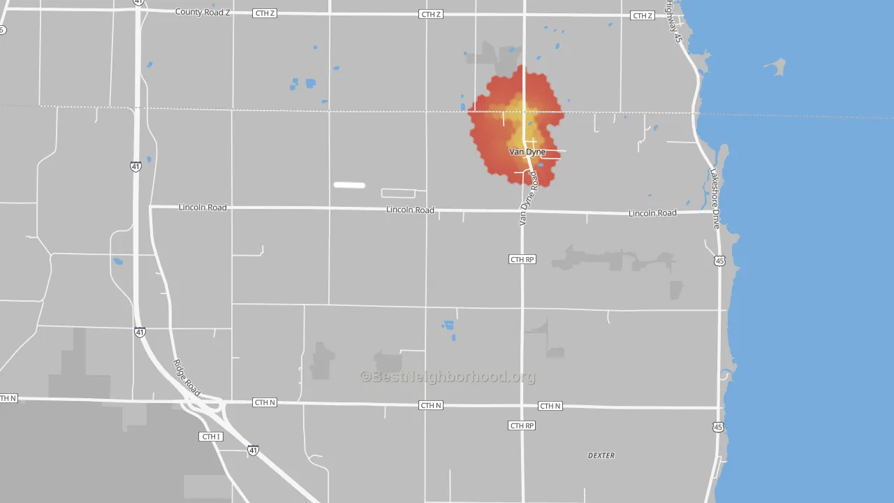 Walk Grade map of 54979, WI, walkable areas in green and car-dependent areas in red