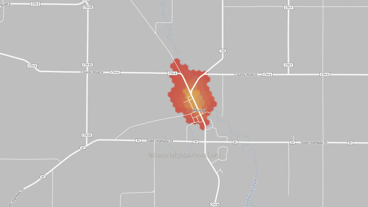 Walk Grade map of 54980, WI, walkable areas in green and car-dependent areas in red