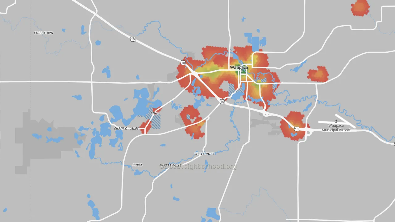 Walk Grade map of 54981, WI, walkable areas in green and car-dependent areas in red