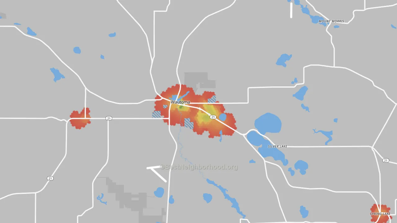 Walk Grade map of 54982, WI, walkable areas in green and car-dependent areas in red
