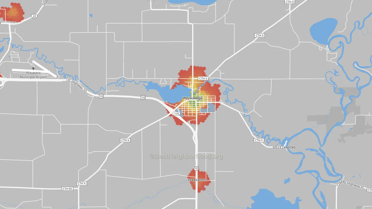 Walk Grade map of 54983, WI, walkable areas in green and car-dependent areas in red