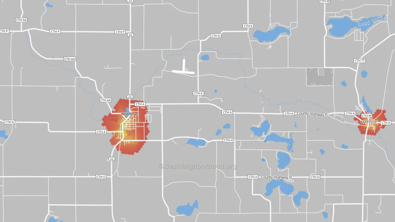 Walk Grade map of 54984, WI, walkable areas in green and car-dependent areas in red