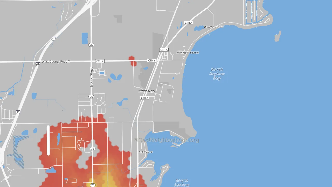 Walk Grade map of 54985, WI, walkable areas in green and car-dependent areas in red