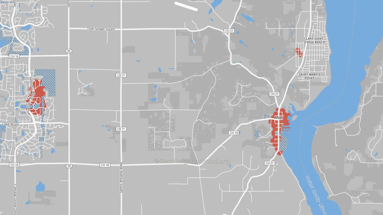 Walk Grade map of 55001, MN, walkable areas in green and car-dependent areas in red